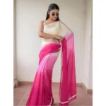 Women's Linen Printed Saree With Unstitched Blouse 5.5Mtr (Pink) - Image 3