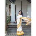 Women's Linen Printed Saree With Unstitched Blouse 5.5Mtr (White) - Image 3
