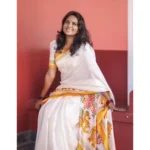 Women's Linen Printed Saree With Unstitched Blouse 5.5Mtr (White) - Image 2