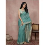 Women's Cotton Printed Saree With Unstitched Blouse 5.5Mtr (Teal) - Image 2