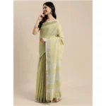Women's Linen Cotton Printed Saree With Unstitched Blouse 5.5Mtr (Olive Green) - Image 3