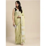 Women's Linen Cotton Printed Saree With Unstitched Blouse 5.5Mtr (Olive Green) - Image 2