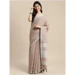 Women's Linen Cotton Printed Saree With Unstitched Blouse 5.5Mtr (Beige) - Image 3