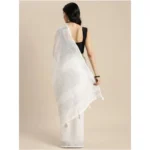 Women's Linen Cotton Printed Saree With Unstitched Blouse 5.5Mtr (White) - Image 4
