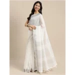 Women's Linen Cotton Printed Saree With Unstitched Blouse 5.5Mtr (White) - Image 3