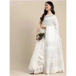 Women's Linen Cotton Printed Saree With Unstitched Blouse 5.5Mtr (White) - Image 2