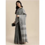 Women's Linen Cotton Printed Saree With Unstitched Blouse 5.5Mtr (Dark Grey) - Image 3