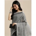 Women's Linen Cotton Printed Saree With Unstitched Blouse 5.5Mtr (Dark Grey) - Image 2