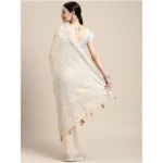 Women's Linen Cotton Printed Saree With Unstitched Blouse 5.5Mtr (Cream) - Image 4