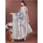 Women's Linen Cotton Printed Saree With Unstitched Blouse 5.5Mtr (Grey) - Image 4
