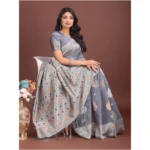 Women's Linen Cotton Printed Saree With Unstitched Blouse 5.5Mtr (Grey) - Image 3