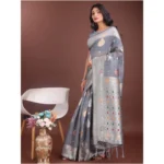 Women's Linen Cotton Printed Saree With Unstitched Blouse 5.5Mtr (Grey) - Image 2