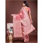 Women's Linen Cotton Printed Saree With Unstitched Blouse 5.5Mtr (Pink) - Image 4