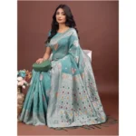 Women's Linen Cotton Printed Saree With Unstitched Blouse 5.5Mtr (Sea Green) - Image 3