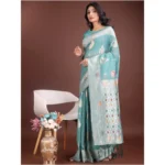 Women's Linen Cotton Printed Saree With Unstitched Blouse 5.5Mtr (Sea Green) - Image 2