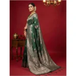 Women's Silk Blend Printed Saree With Unstitched Blouse 5.5Mtr (Dark Green) - Image 3