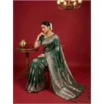 Women's Silk Blend Printed Saree With Unstitched Blouse 5.5Mtr (Dark Green) - Image 2