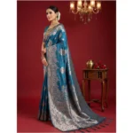 Women's Silk Blend Printed Saree With Unstitched Blouse 5.5Mtr (Teal Blue) - Image 3
