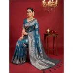 Women's Silk Blend Printed Saree With Unstitched Blouse 5.5Mtr (Teal Blue) - Image 2