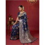 Women's Silk Blend Printed Saree With Unstitched Blouse 5.5Mtr (Navy Blue) - Image 2