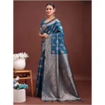 Women's Banarasi Silk Printed Saree With Unstitched Blouse 5.5Mtr (Teal Blue) - Image 2