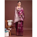Women's Banarasi Silk Printed Saree With Unstitched Blouse 5.5Mtr (Purple) - Image 3