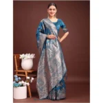 Women's Banarasi Silk Printed Saree With Unstitched Blouse 5.5Mtr (Teal Blue) - Image 3