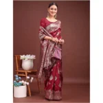 Women's Banarasi Silk Printed Saree With Unstitched Blouse 5.5Mtr (Maroon) - Image 3