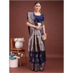 Women's Banarasi Silk Printed Saree With Unstitched Blouse 5.5Mtr (Navy Blue) - Image 3