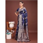 Women's Banarasi Silk Printed Saree With Unstitched Blouse 5.5Mtr (Navy Blue) - Image 2
