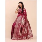 Women's Banarasi Silk Printed Saree With Unstitched Blouse 5.5Mtr (Magenta) - Image 3