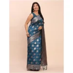 Women's Banarasi Silk Printed Saree With Unstitched Blouse 5.5Mtr (Teal Blue) - Image 2