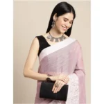 Women's Linen Printed Saree With Unstitched Blouse 5.5Mtr (Purple) - Image 2