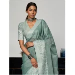 Women's Linen Printed Saree With Unstitched Blouse 5.5Mtr (Sea Green) - Image 4