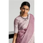 Women's Linen Printed Saree With Unstitched Blouse 5.5Mtr (Purple) - Image 4