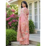 Women's Linen Cotton Printed Saree With Unstitched Blouse 5.5Mtr (Pink) - Image 4