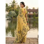 Women's Linen Cotton Printed Saree With Unstitched Blouse 5.5Mtr (Yellow) - Image 3