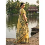 Women's Linen Cotton Printed Saree With Unstitched Blouse 5.5Mtr (Yellow) - Image 2