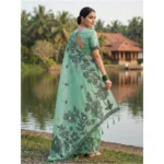 Women's Linen Cotton Printed Saree With Unstitched Blouse 5.5Mtr (Rama Green) - Image 3