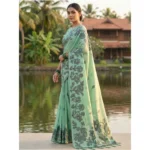 Women's Linen Cotton Printed Saree With Unstitched Blouse 5.5Mtr (Rama Green) - Image 2