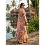 Women's Linen Cotton Printed Saree With Unstitched Blouse 5.5Mtr (Orange) - Image 2