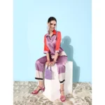 Women's Satin Colour Block Long Sleeves Co-Ord Set (Multicolor) - Image 2