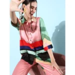 Women's Satin Colour Block Long Sleeves Co-Ord Set (Multicolor) - Image 2