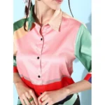 Women's Satin Colour Block Long Sleeves Co-Ord Set (Multicolor) - Image 5