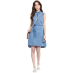 Women's Denim Solid Sleeveless Dress (Blue) - Image 4