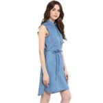 Women's Denim Solid Sleeveless Dress (Blue) - Image 3