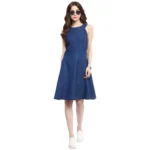 Women's Denim Solid Sleeveless Dress (Blue) - Image 4
