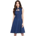 Women's Denim Solid Sleeveless Dress (Navy Blue)