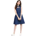 Women's Denim Solid Sleeveless Dress (Navy Blue) - Image 4