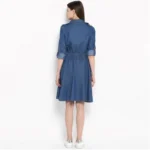 Women's Denim Solid Roll Up Sleeve Dress (Blue) - Image 5